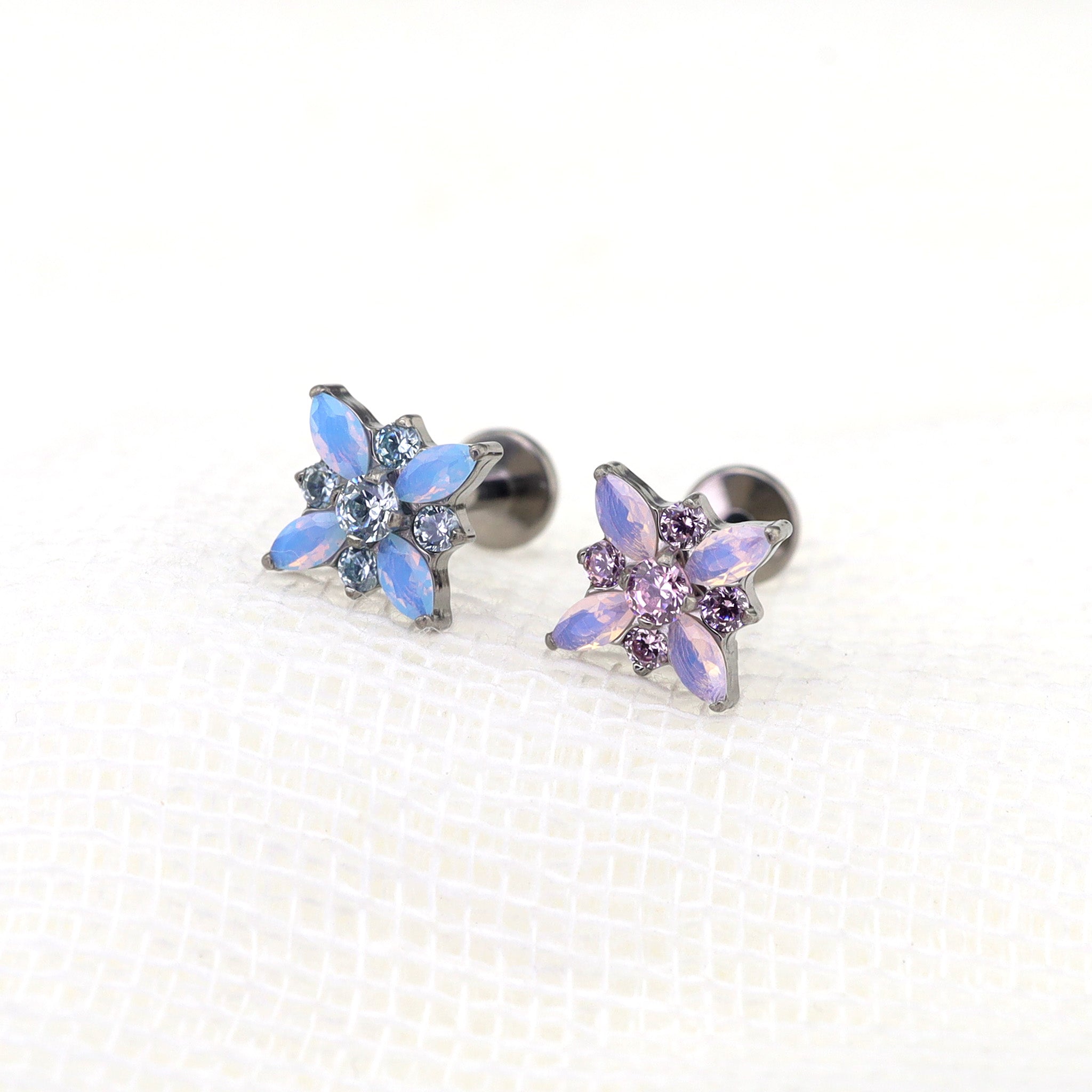 Blue & Pink Opal Floral Internally Threaded Titanium Studs