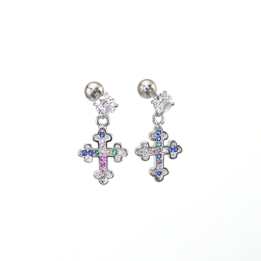 Vintage Cross Pendant Rainbow CZ tainless steel Ear Studs