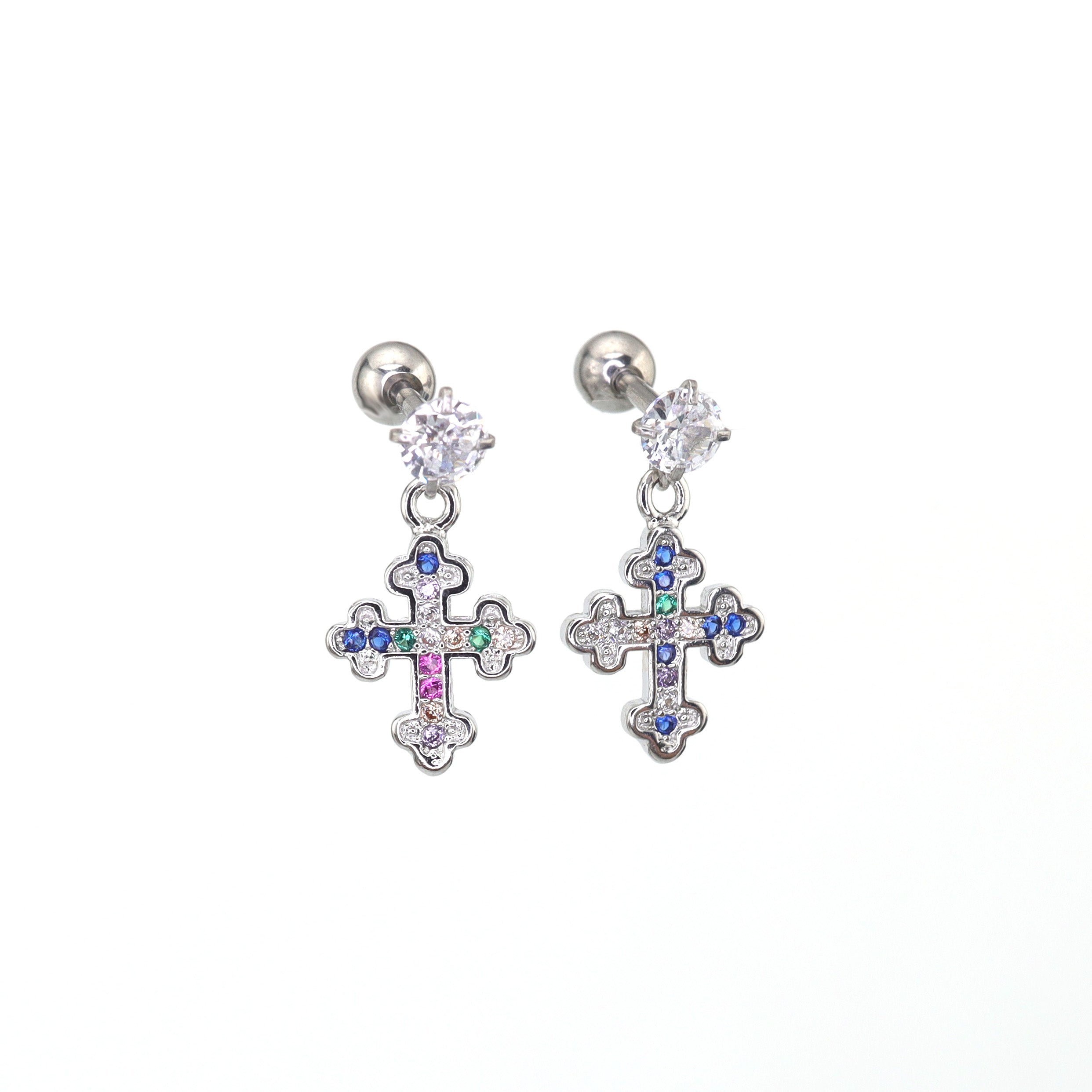 Vintage Cross Pendant Rainbow CZ tainless steel Ear Studs