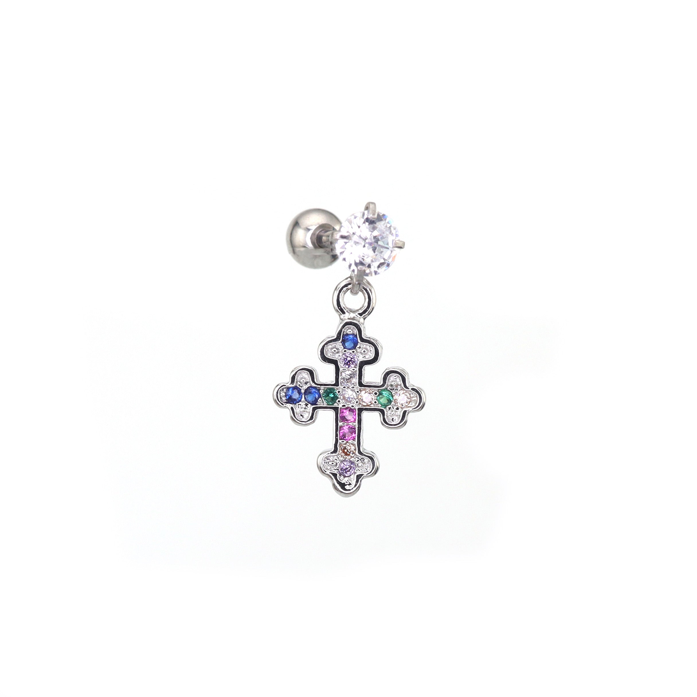 Vintage Cross Pendant Rainbow CZ tainless steel Ear Studs