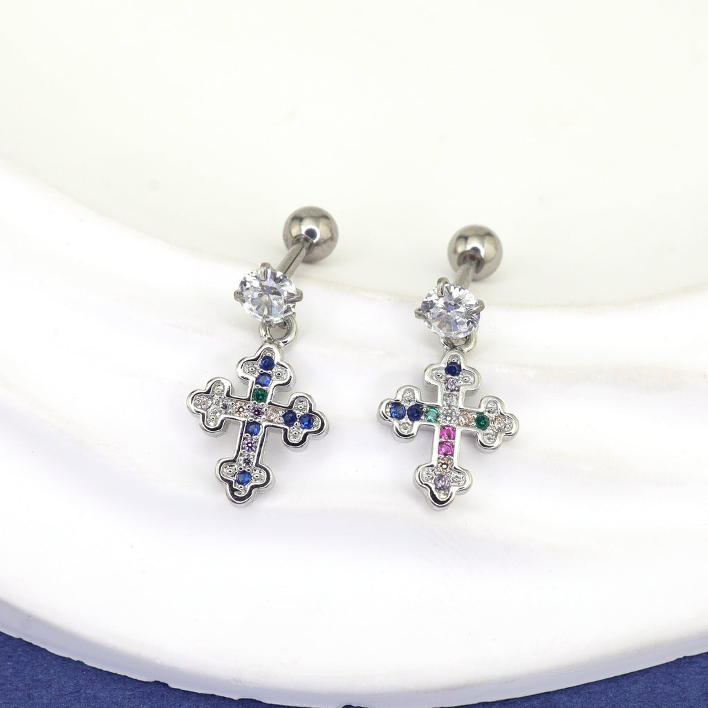 Vintage Cross Pendant Rainbow CZ tainless steel Ear Studs