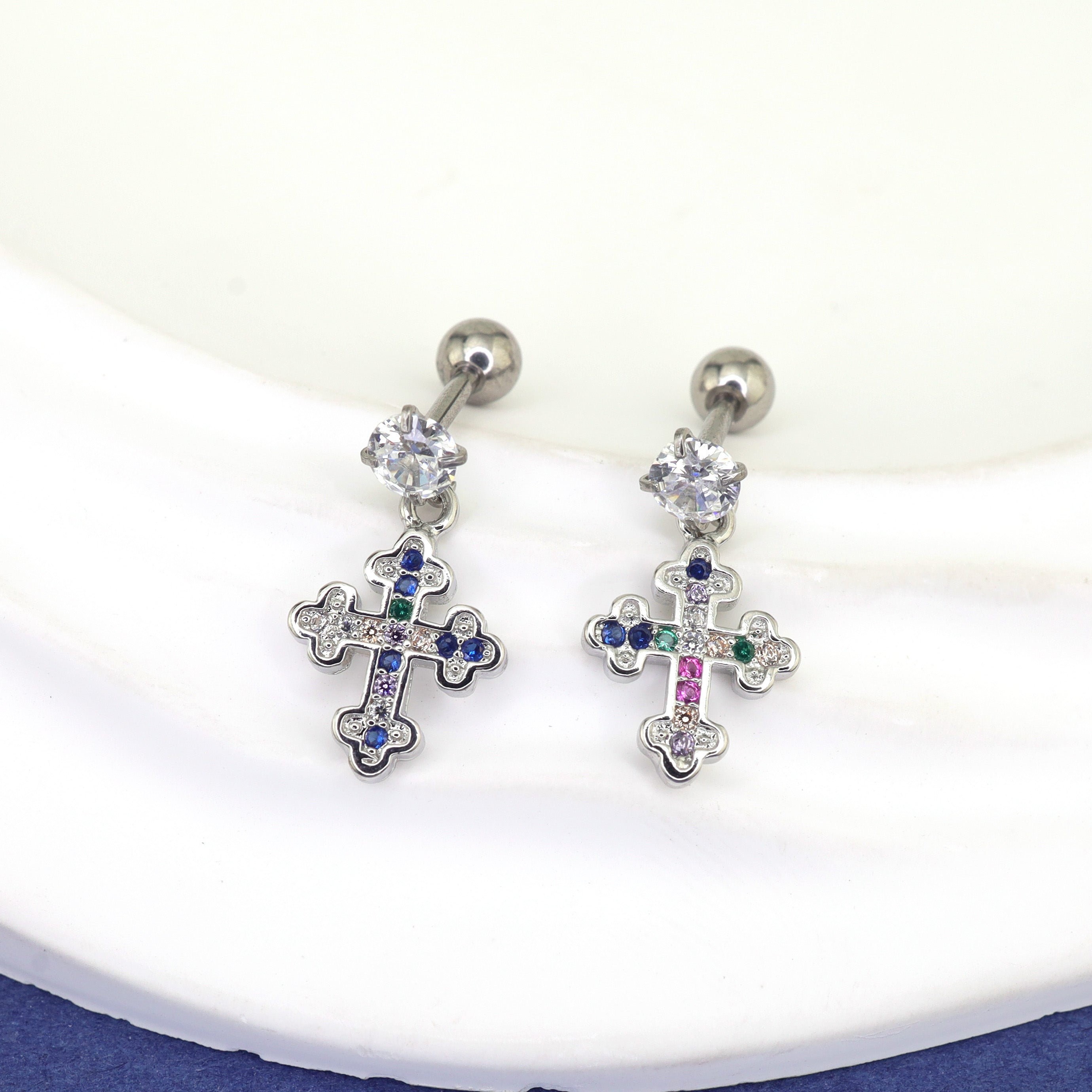 Vintage Cross Pendant Rainbow CZ tainless steel Ear Studs