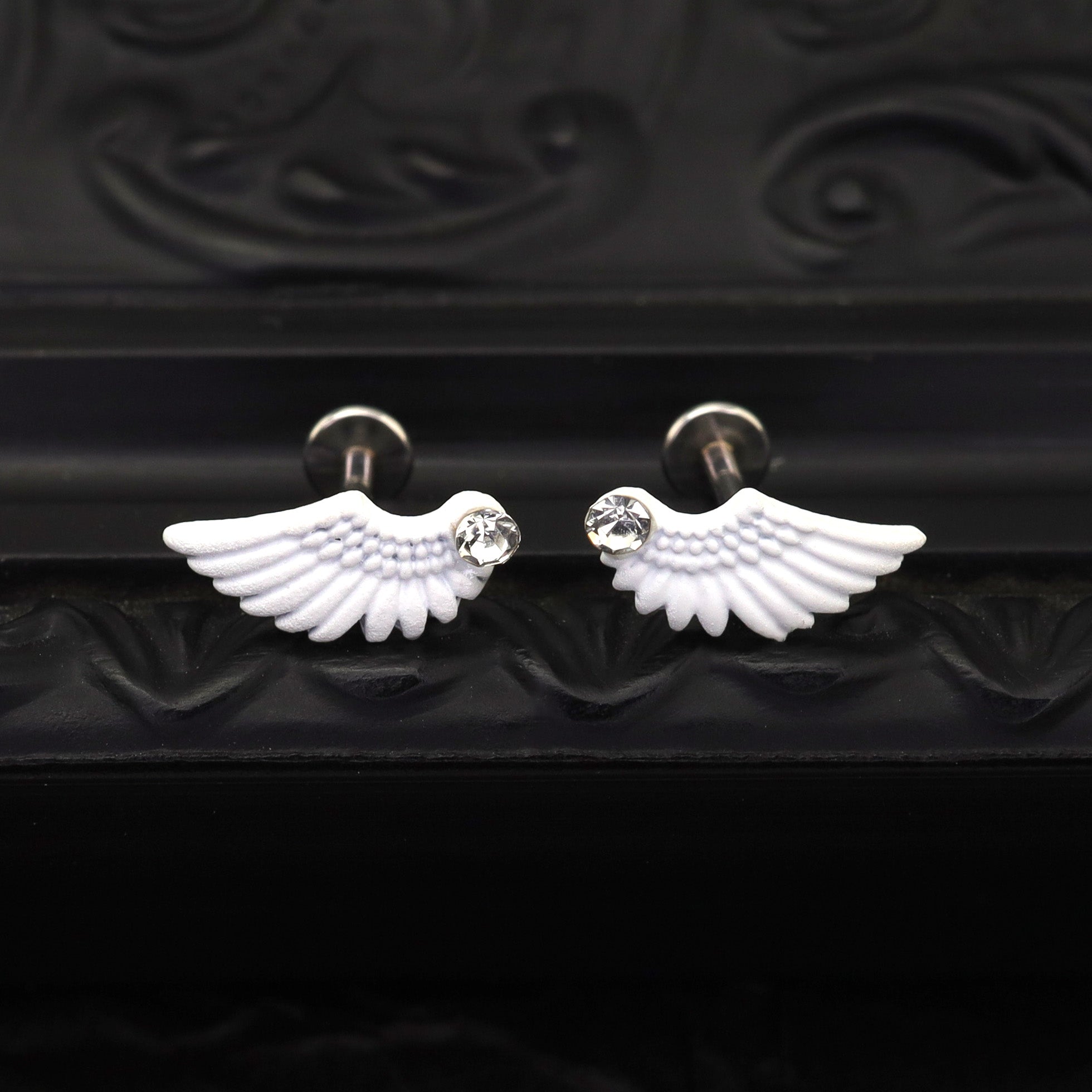 PAIR OF White Wing CZ Internally Threaded stainless steel Studs