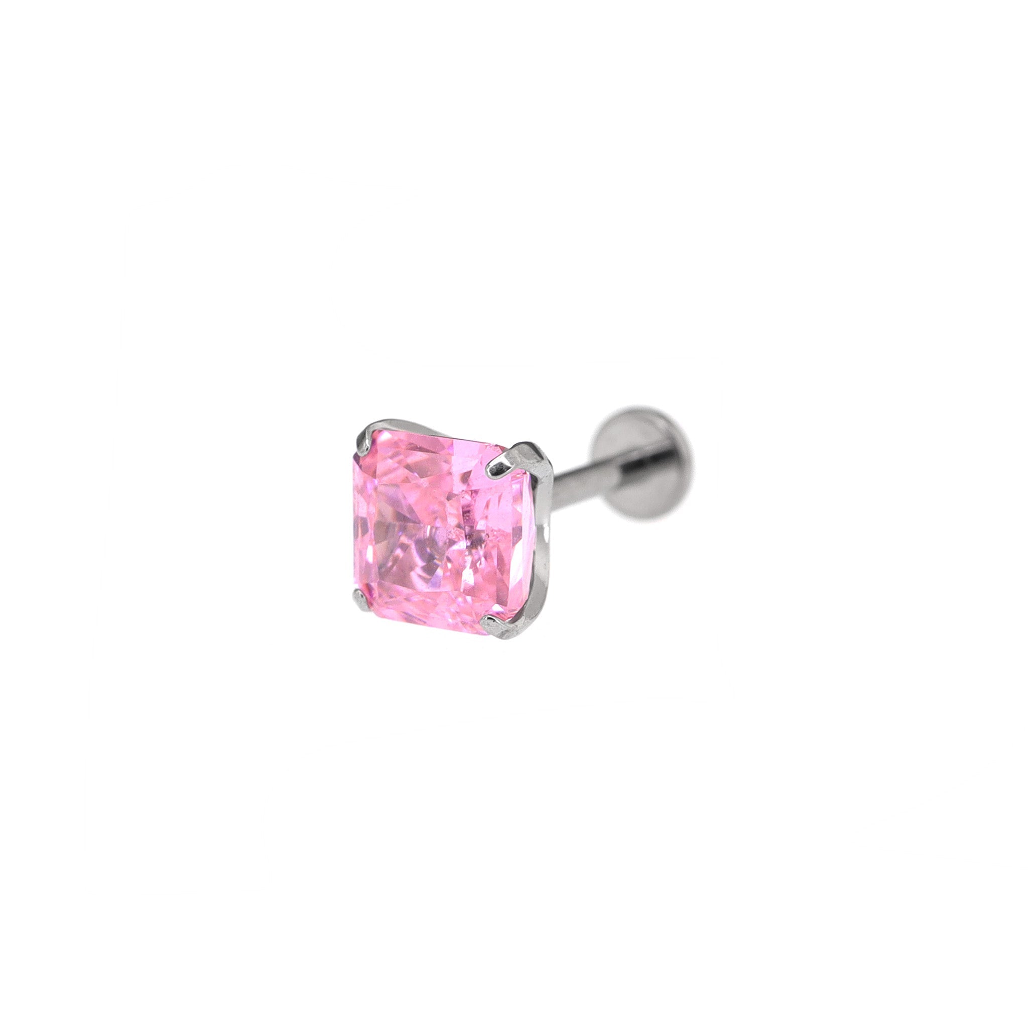 Square Pink & White CZ Titanium Ear Studs