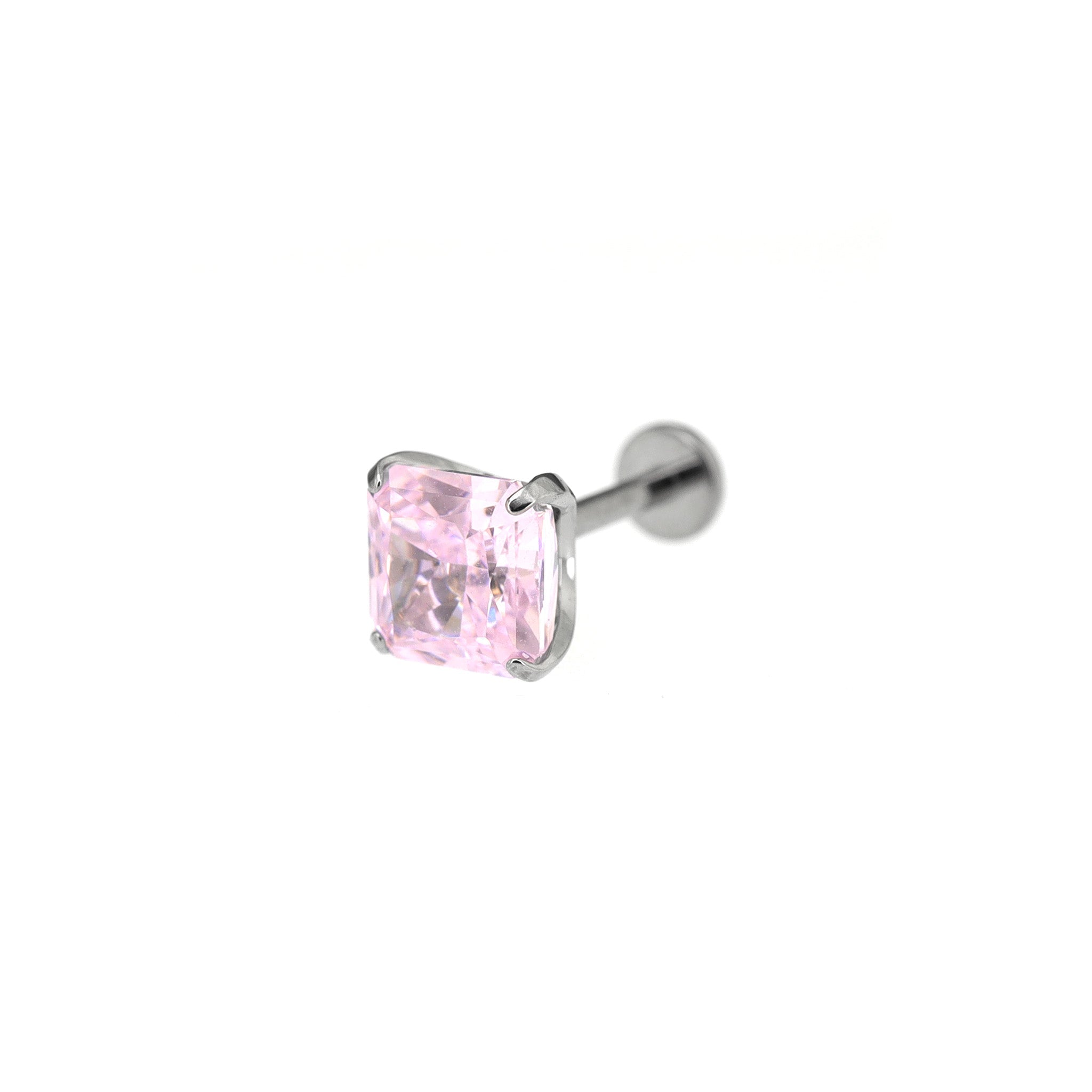Square Pink & White CZ Titanium Ear Studs