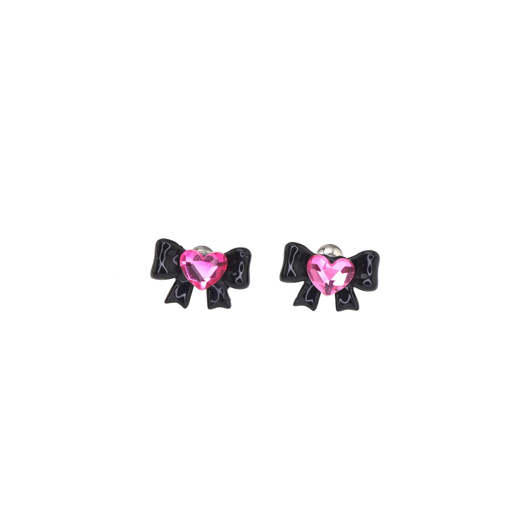 Thin Gauge Heart Pink CZ Resin Bow Stainless Steel Ear Studs