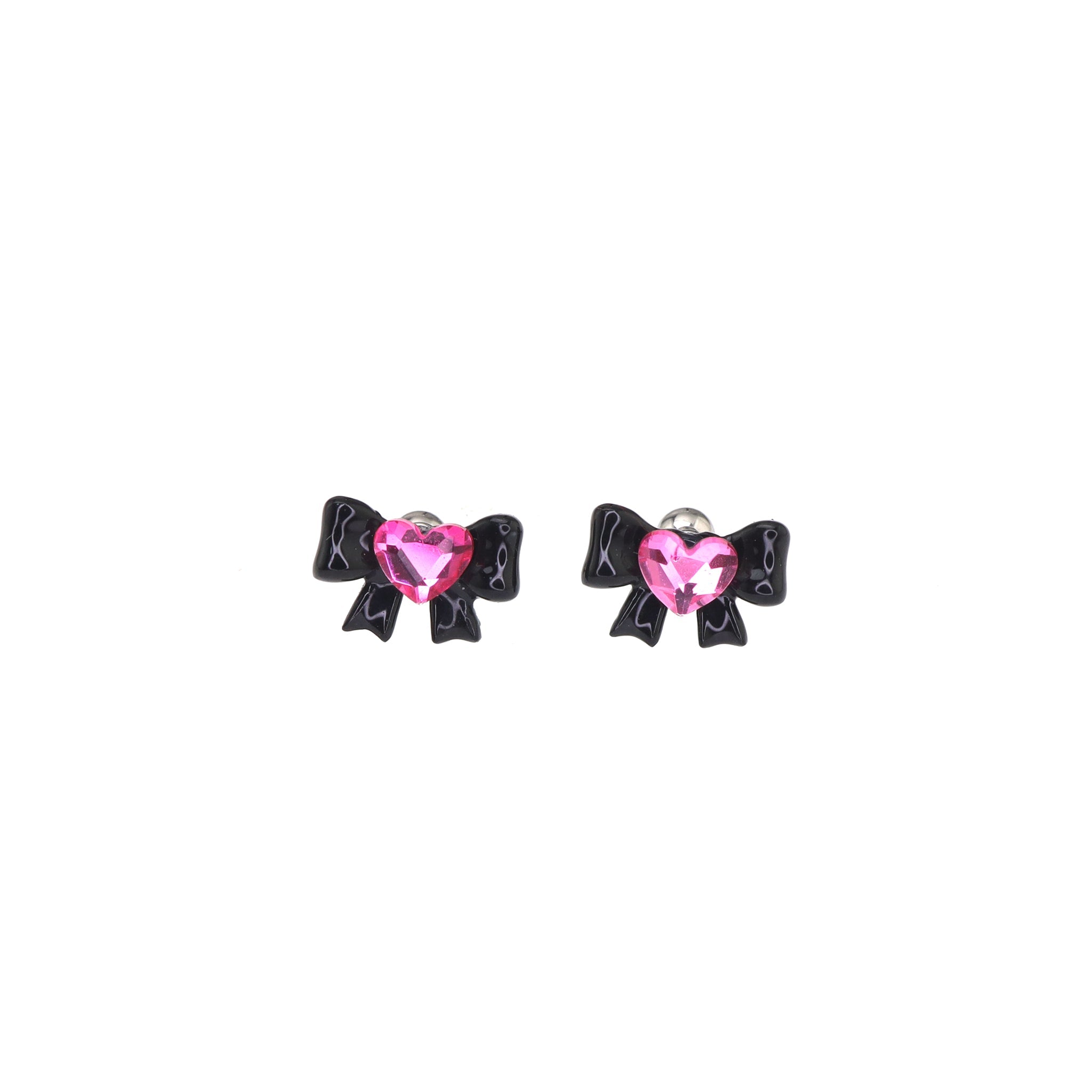 Thin Gauge Heart Pink CZ Resin Bow Stainless Steel Ear Studs
