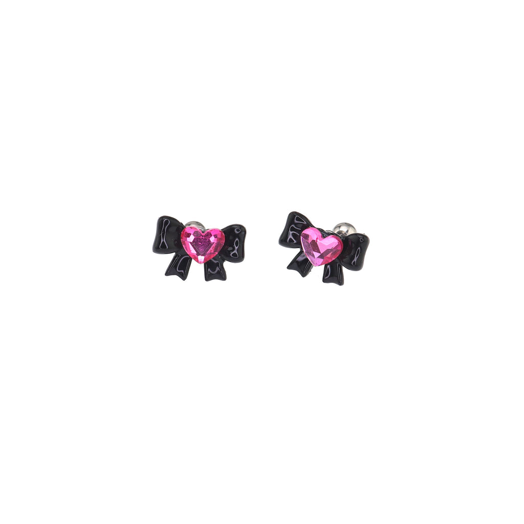 Thin Gauge Heart Pink CZ Resin Bow Stainless Steel Ear Studs