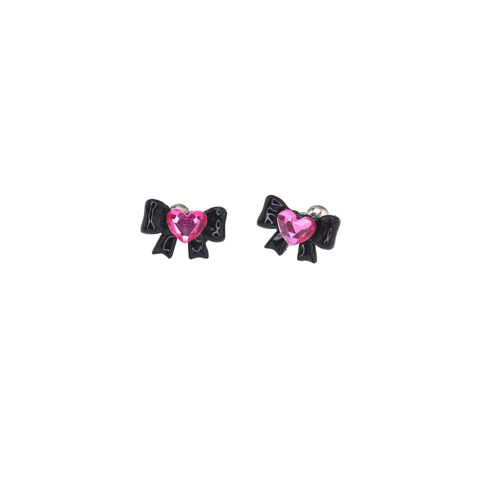 Thin Gauge Heart Pink CZ Resin Bow Stainless Steel Ear Studs