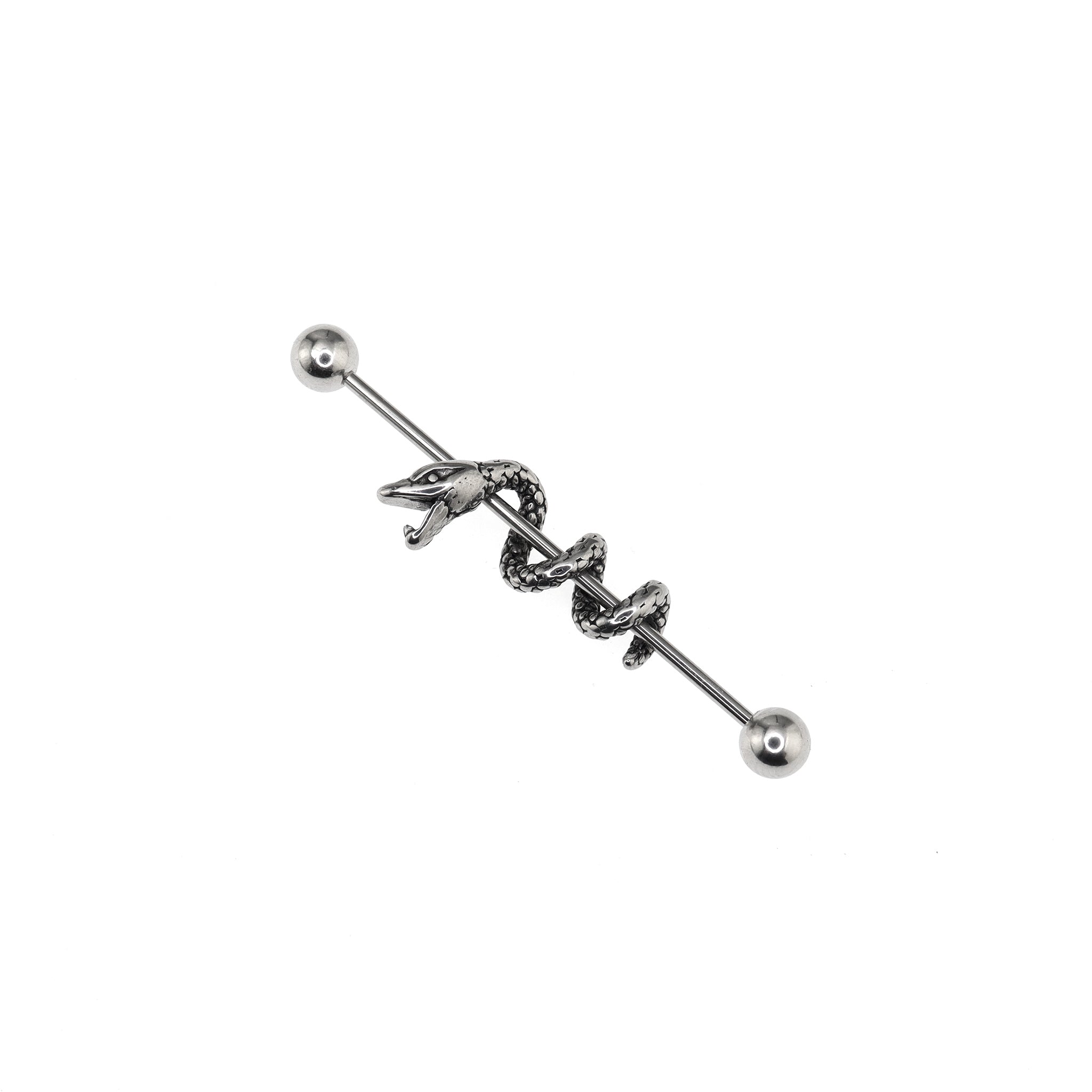 Engraved Coiled Serpent Stainless Steel Industrial Barbell