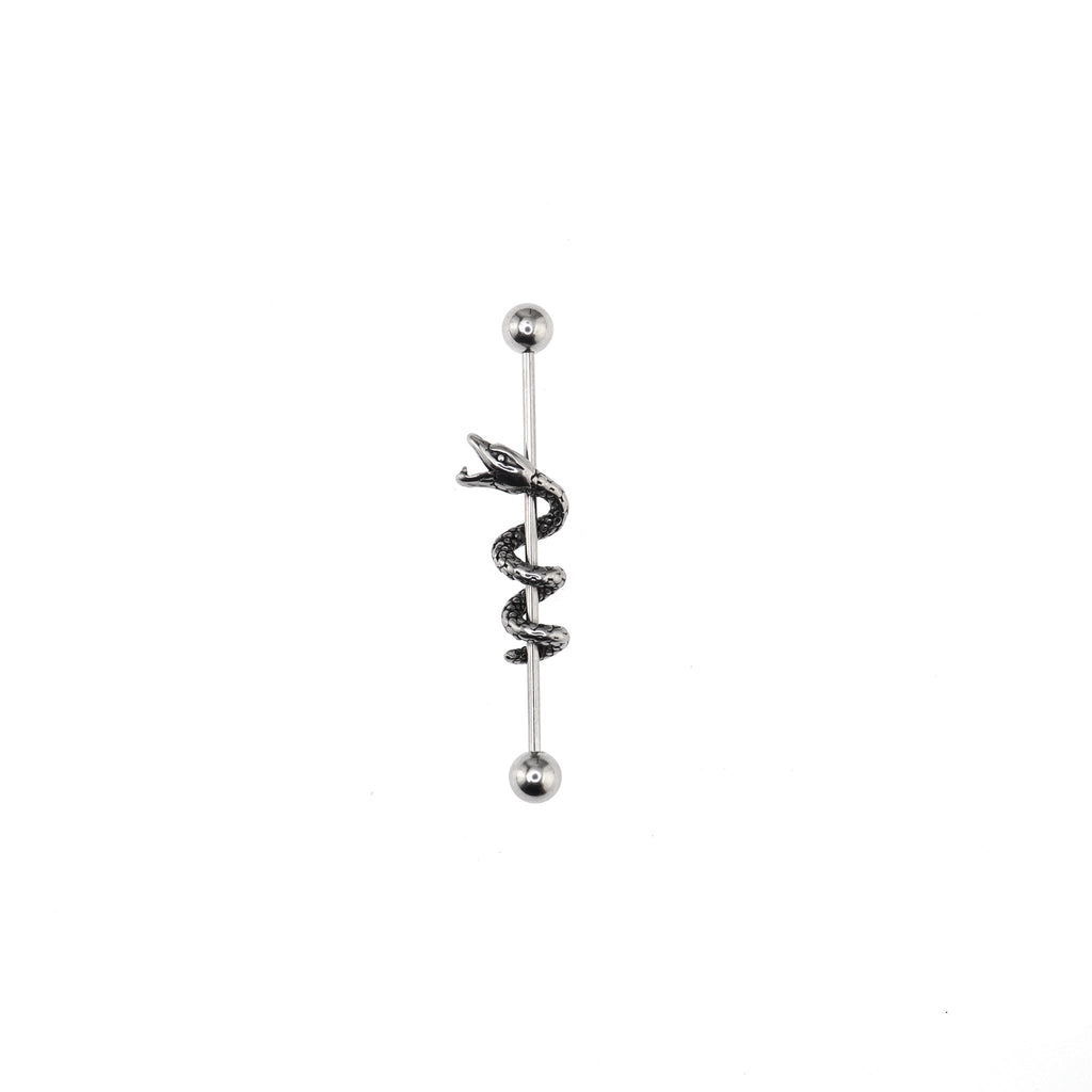 Engraved Coiled Serpent Stainless Steel Industrial Barbell