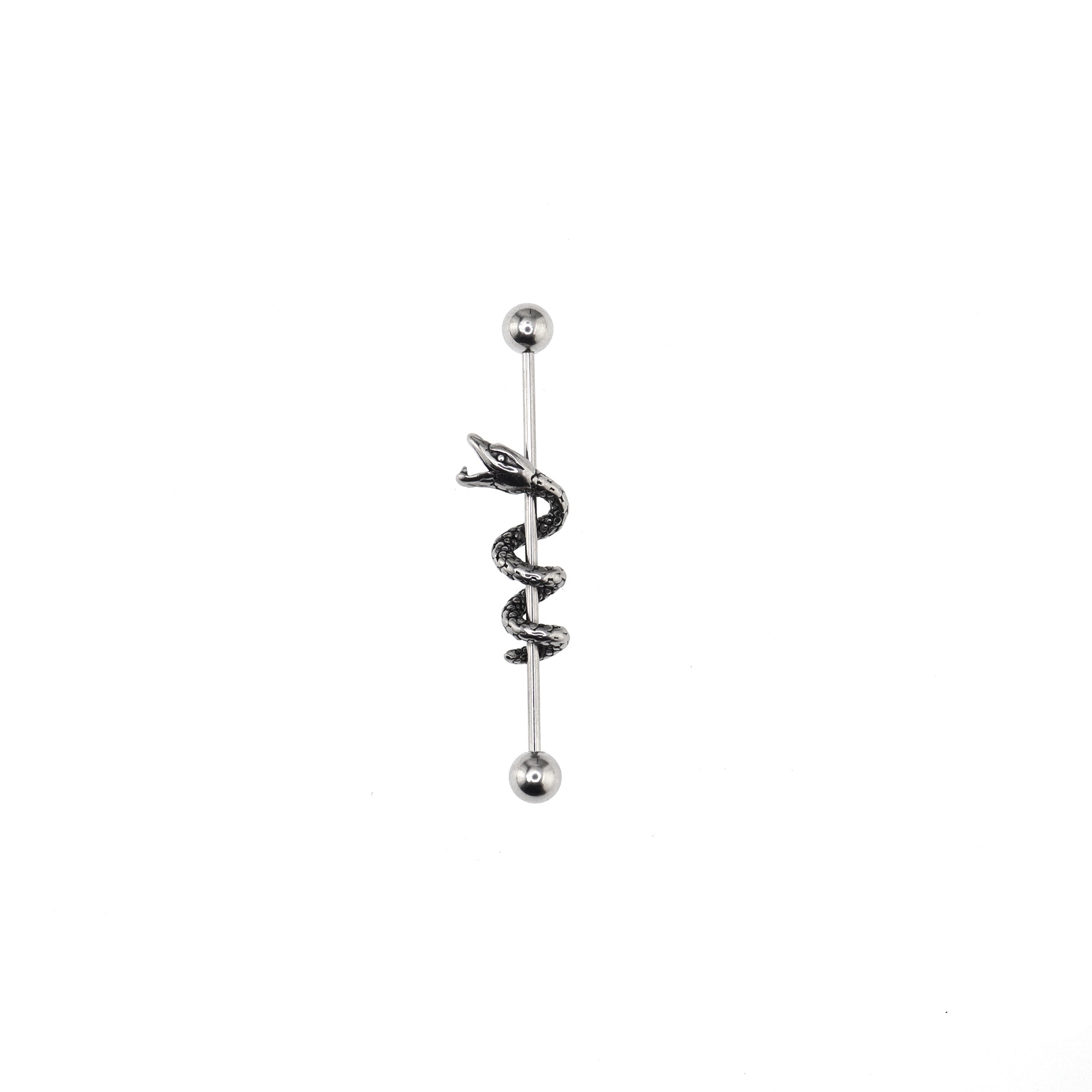 Engraved Coiled Serpent Stainless Steel Industrial Barbell