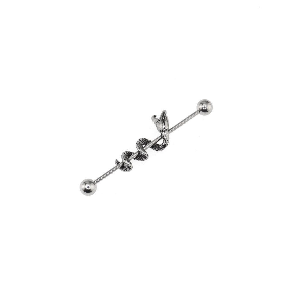 Engraved Coiled Serpent Stainless Steel Industrial Barbell