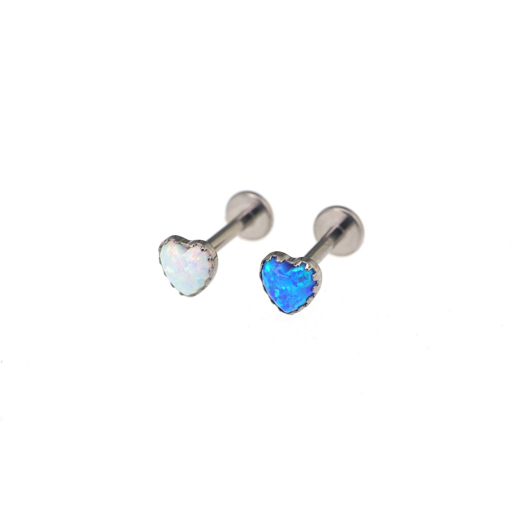 Heart with Lace Edge Blue & White Opal Titanium Ear Studs