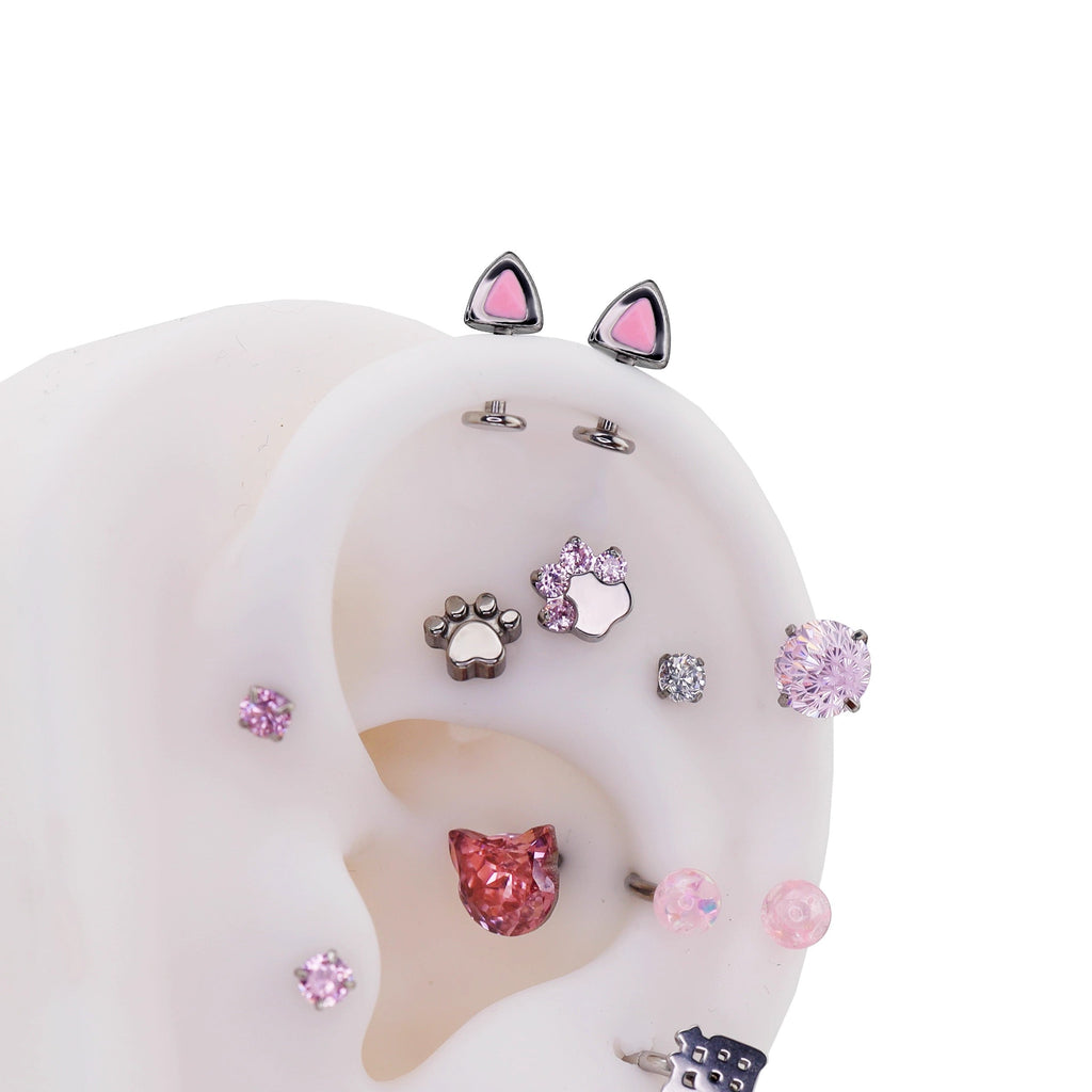 Blue and Pink Oil Slick Cat Ear stainless steel Internally Threaded Helix Studs