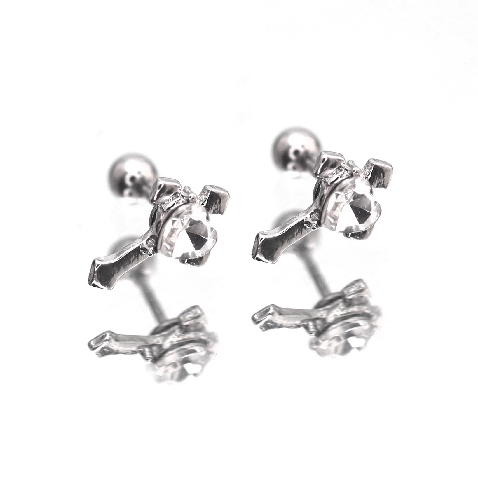 PAIR OF Heart CZ Cross stainless steel Ear Studs