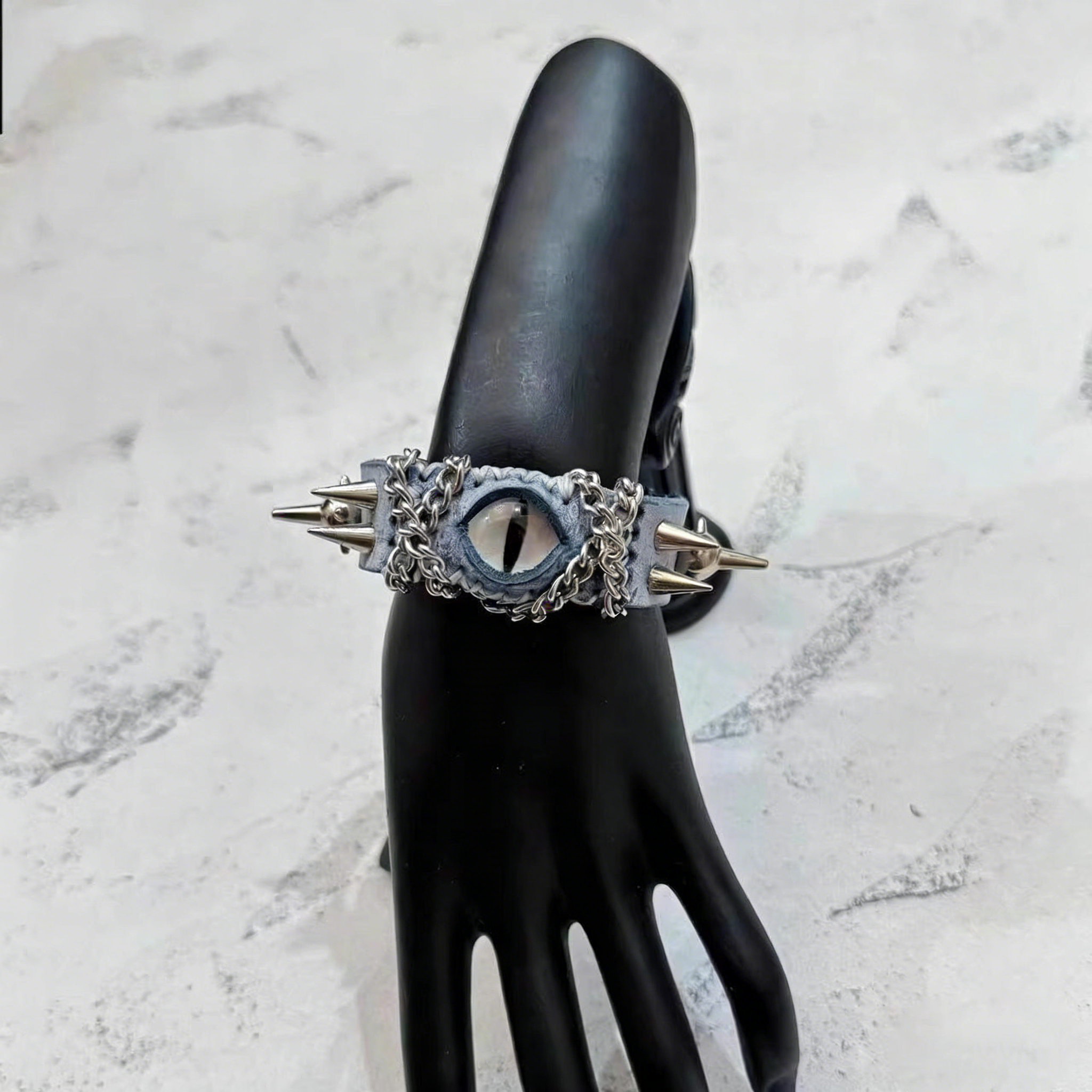 Gothic Acid Wash Blue Leather Bracelet - White Dragon Eye Spiked Cuff - Grunge Silver Chain Wristband - Winter Punk Aesthetic