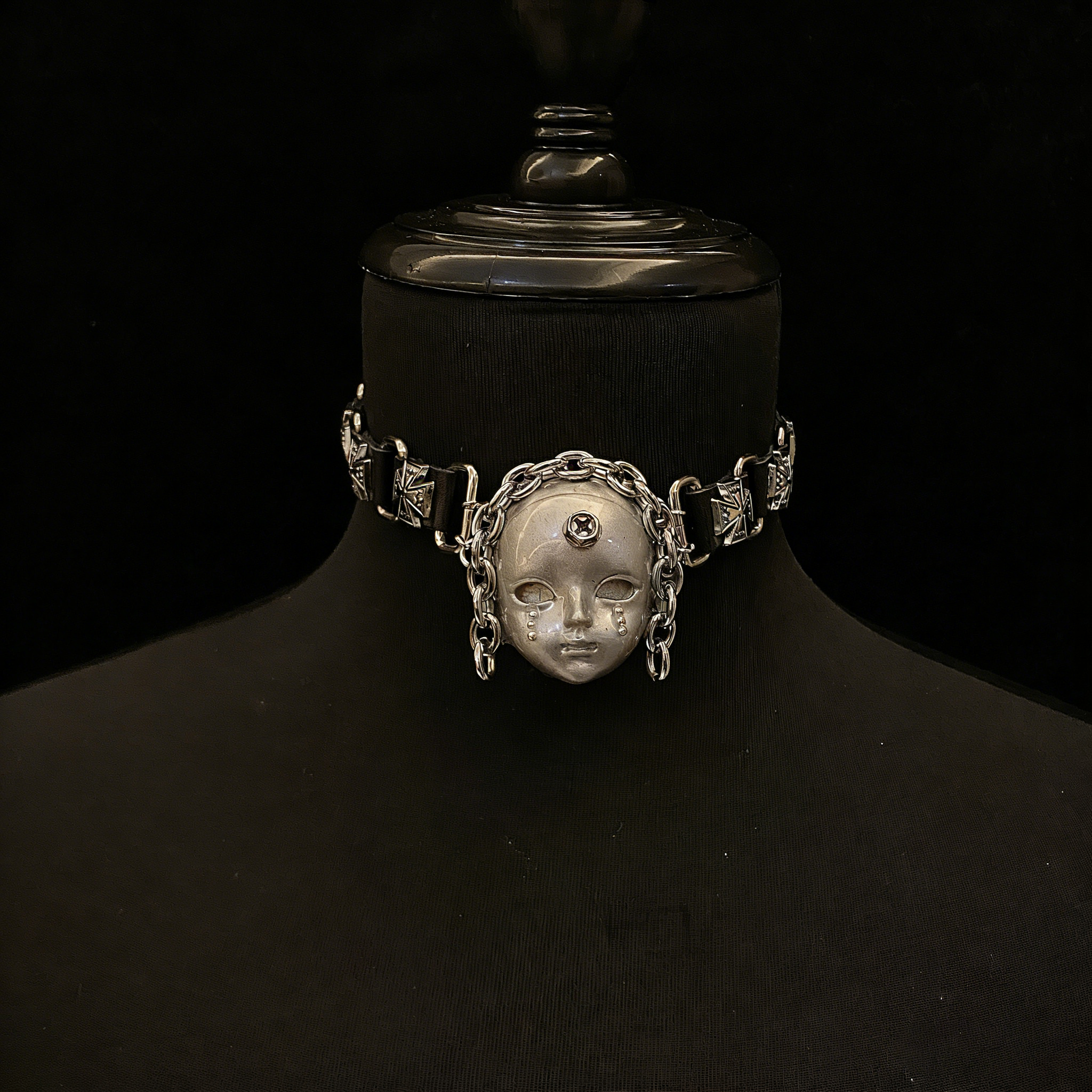 Silver Metallic "Third Eye" Crying Doll Face Choker - Black Leather & Gothic Cross Studs
