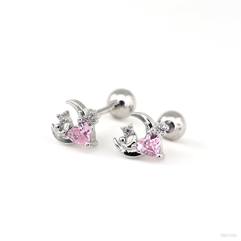PAIR OF 20G Thin Star Moon Heart CZ Ear Studs