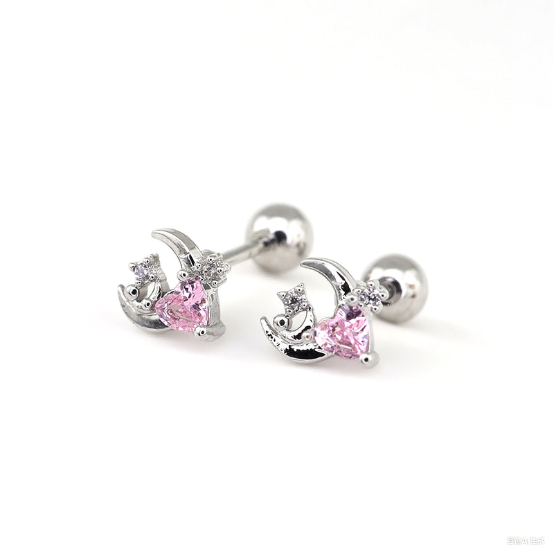 PAIR OF 20G Thin Star Moon Heart CZ Ear Studs - PAIR OF 20G Thin Star Moon Heart CZ Ear Studs - Pink by CRUXJEWELRY