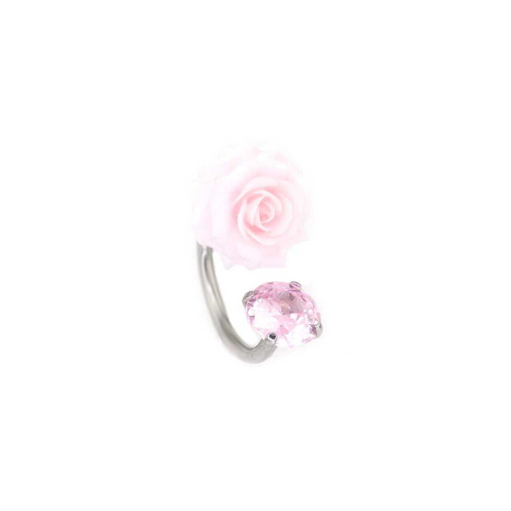 3D Pink Resin Rose & CZ Titanium Horseshoe Rings