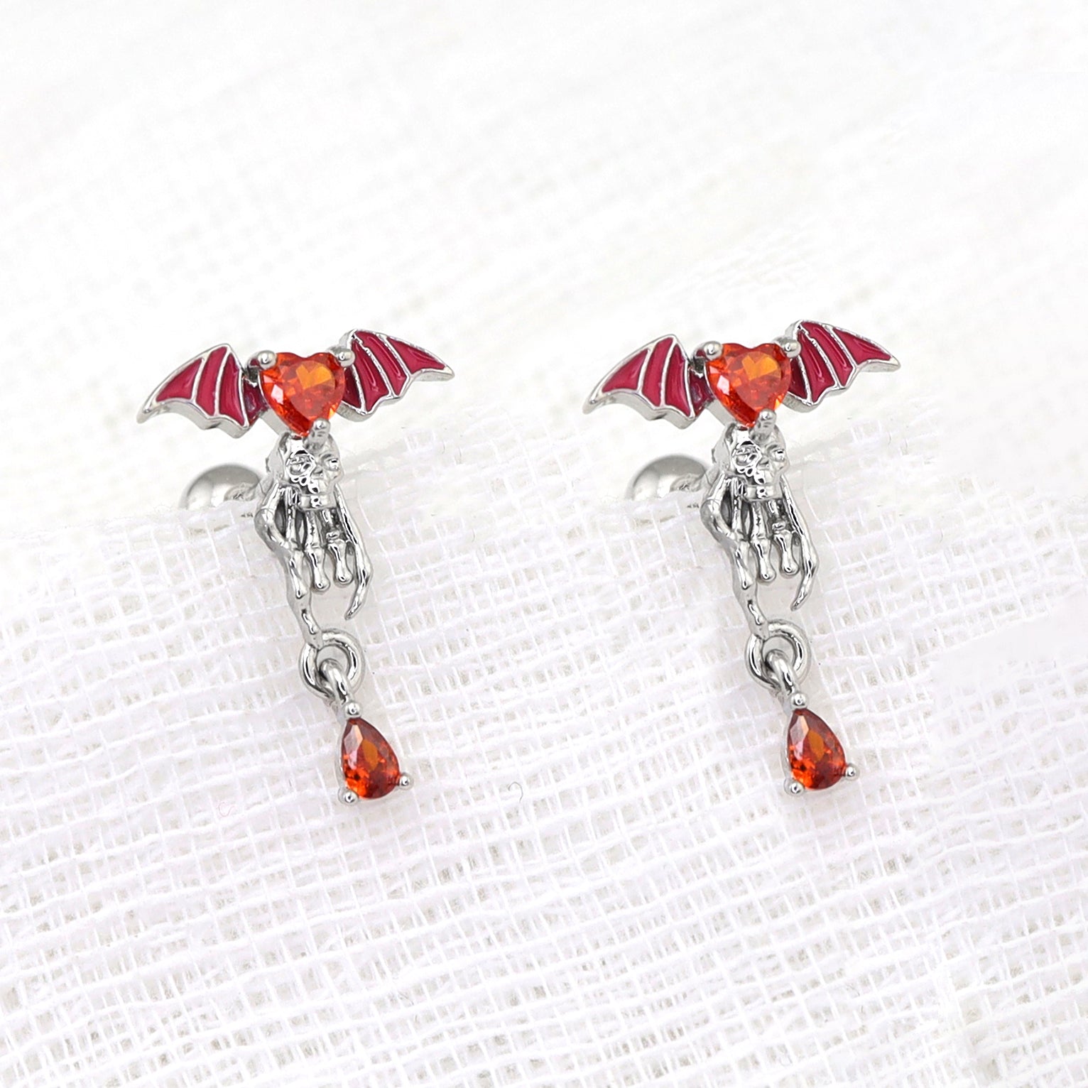 Red CZ Bat & Skull Dangle Ear Studs