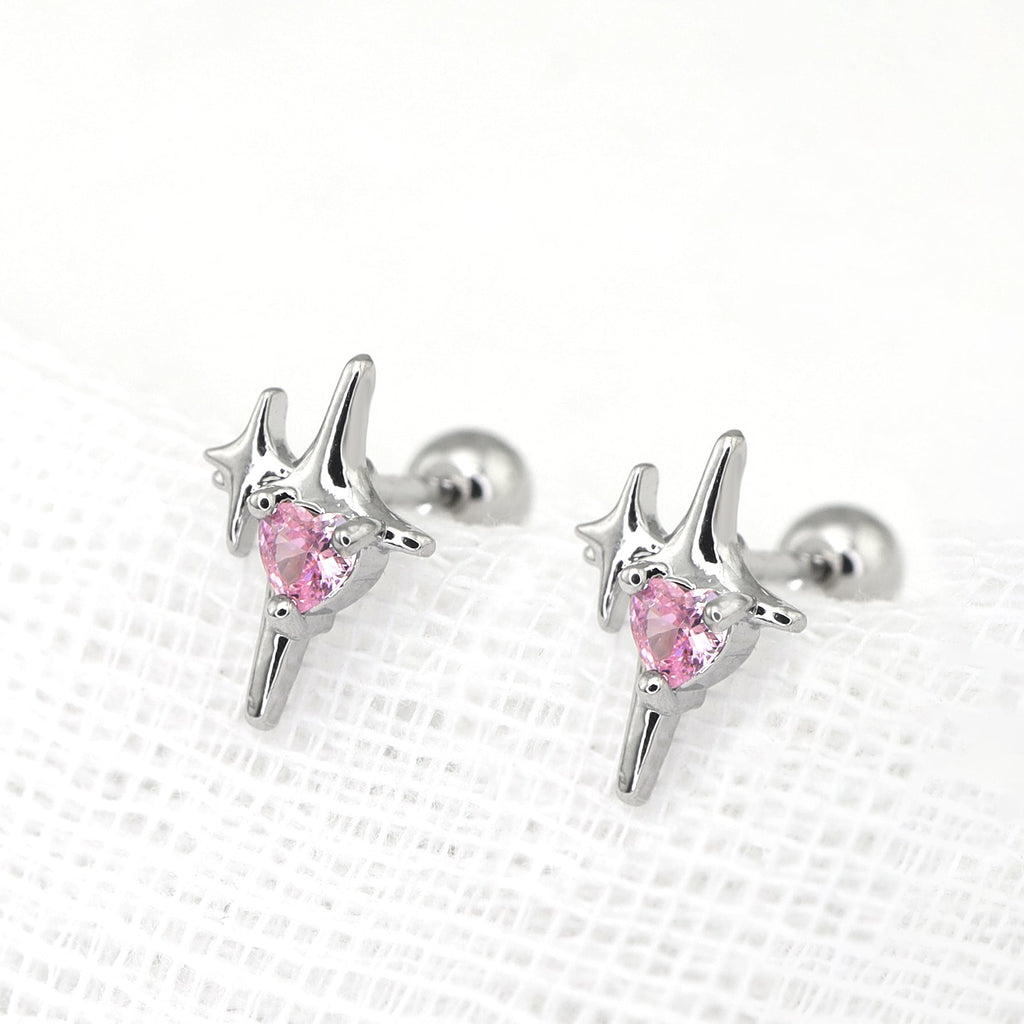 Pink CZ Double Star Thin Gauge Ear Studs