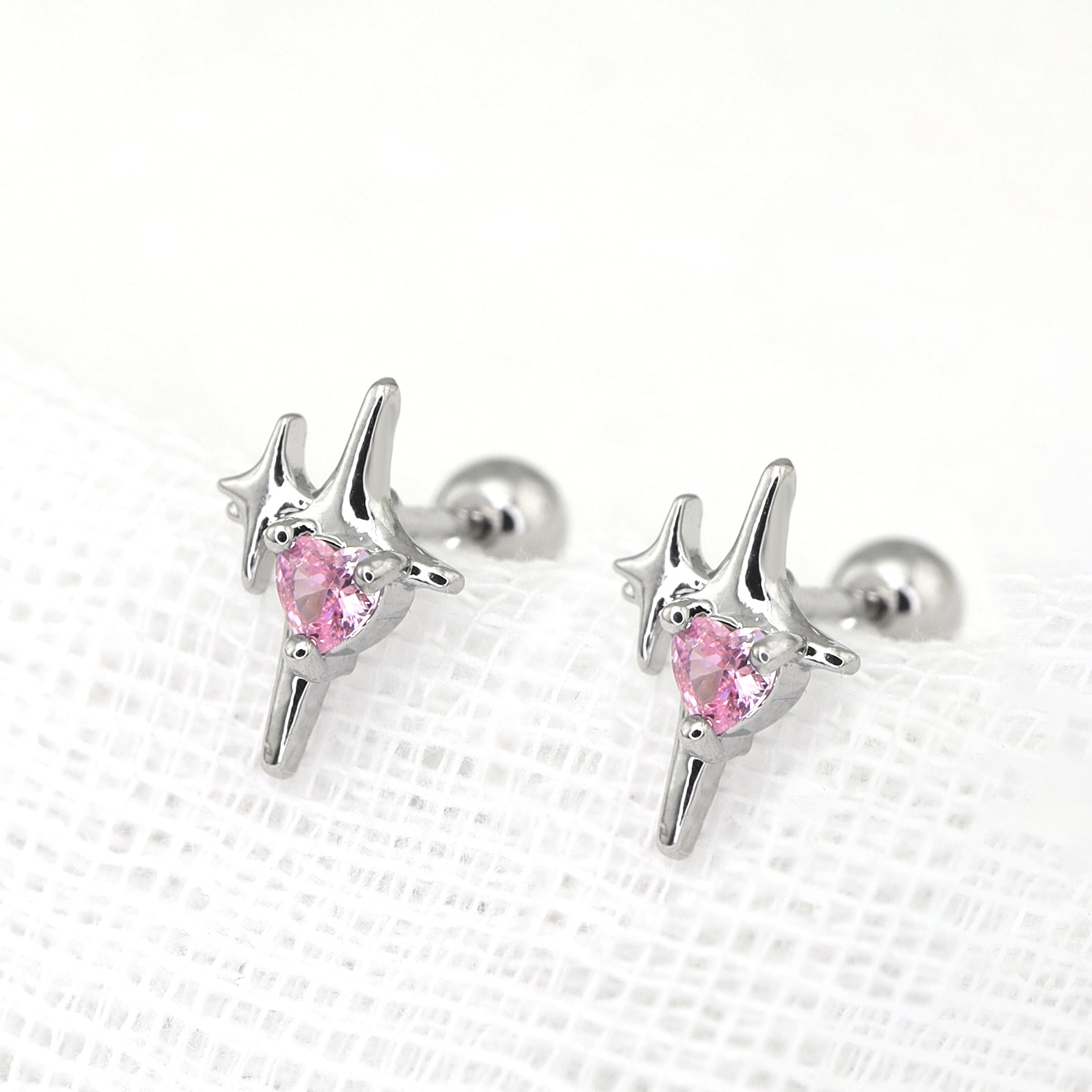 Pink CZ Double Star Thin Gauge Ear Studs