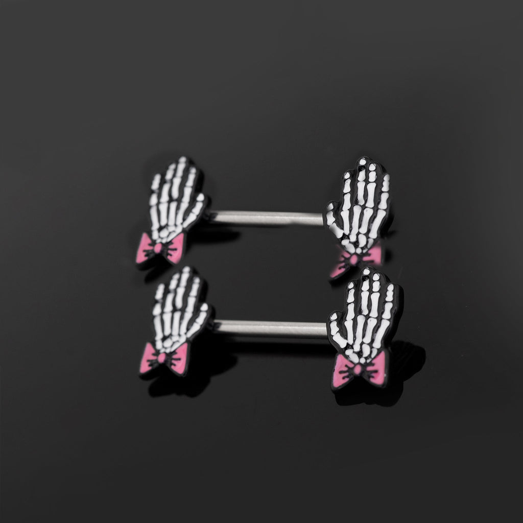 PAIR OF Bow & White Skeleton Hand tainless steel Nipple Rings