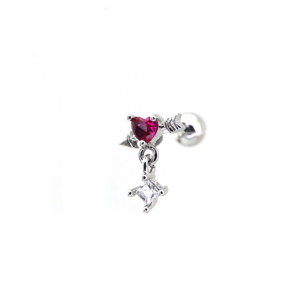 20G Arrow Through Pink Heart CZ Dangle Ear Studs