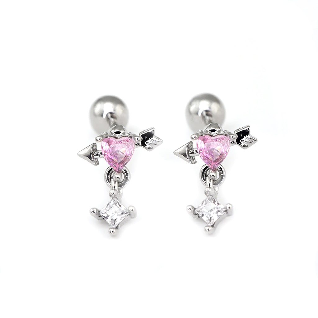 20G Arrow Through Pink Heart CZ Dangle Ear Studs