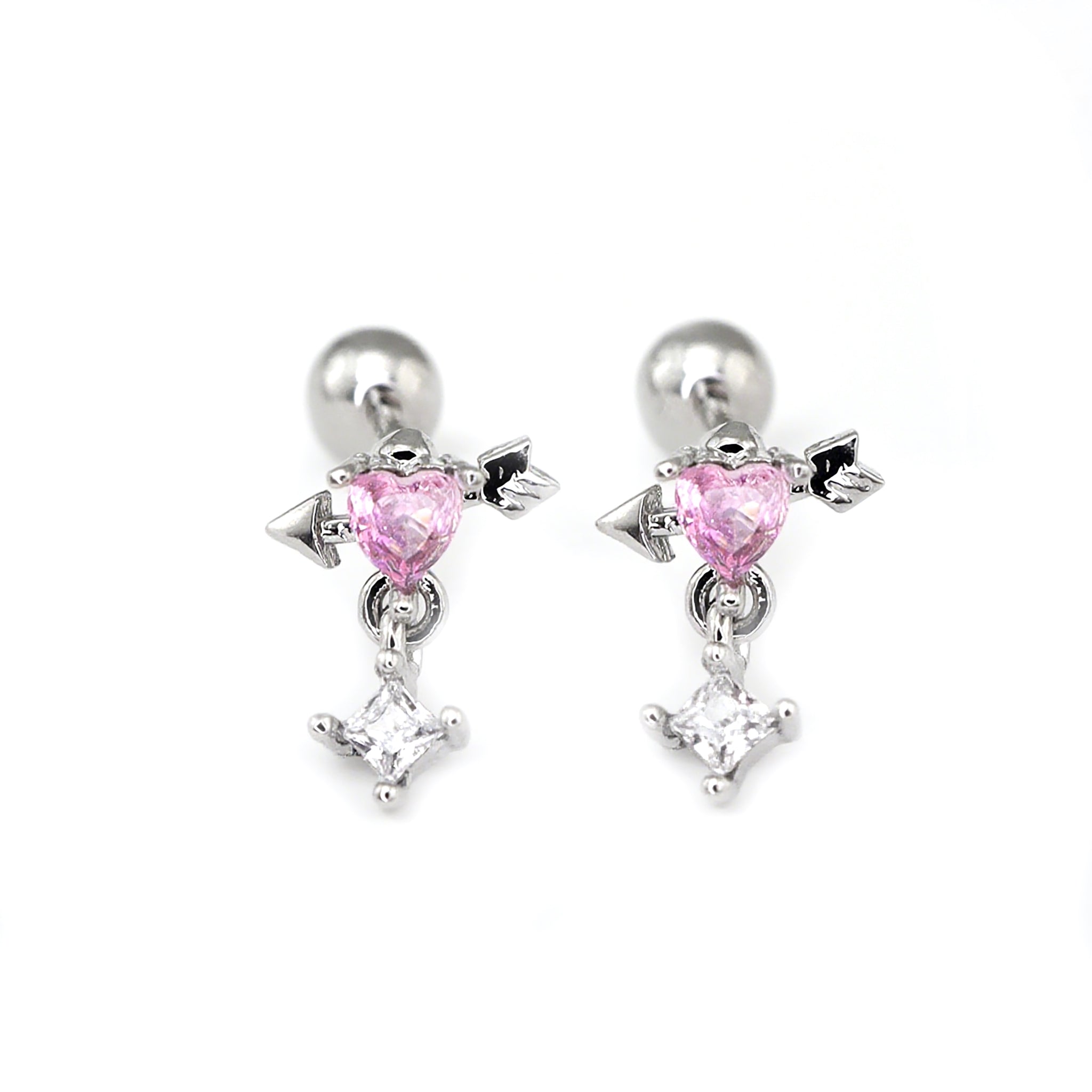 20G Arrow Through Pink Heart CZ Dangle Ear Studs