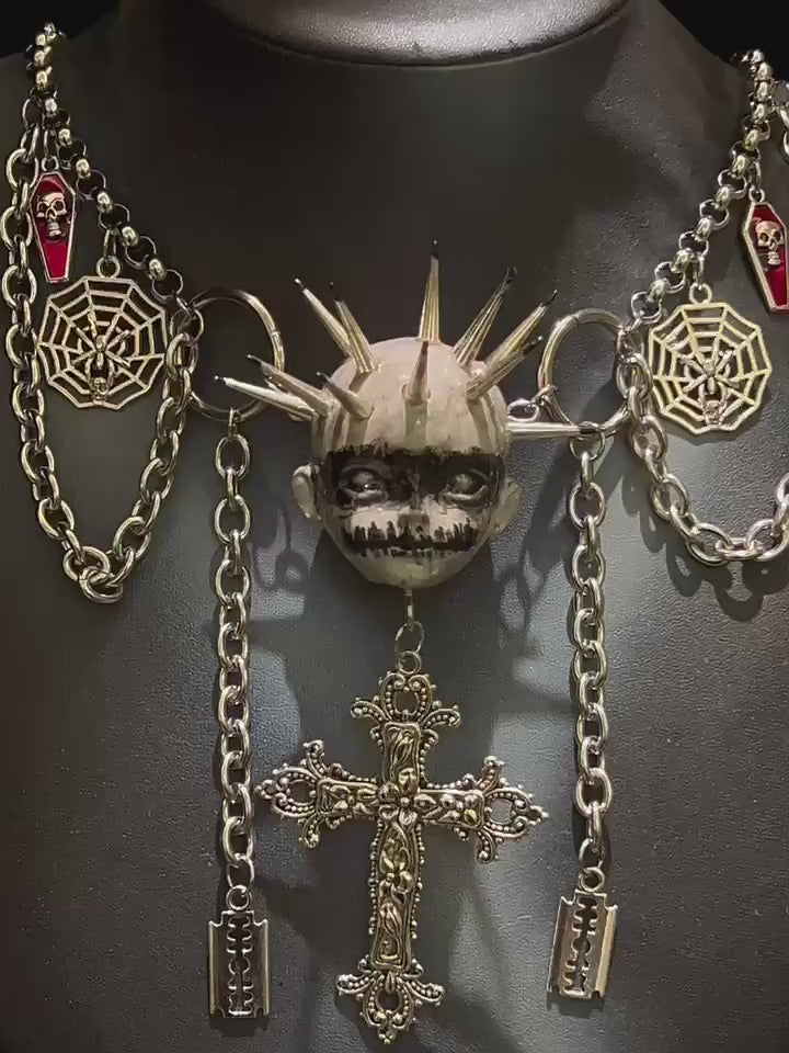Black Metal "Corpse Paint" Spiked Doll Face Necklace - Ornate Cross & Razor Blade Charms