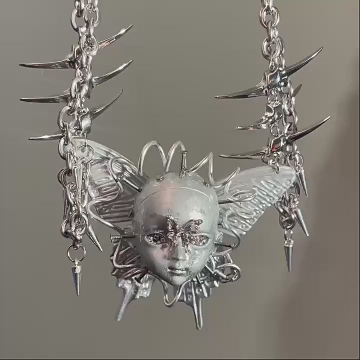 Cyberpunk Silver Metallic Butterfly Doll Face Necklace - Wire Wrapped & Spiked Chains