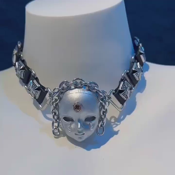 Silver Metallic "Third Eye" Crying Doll Face Choker - Black Leather & Gothic Cross Studs