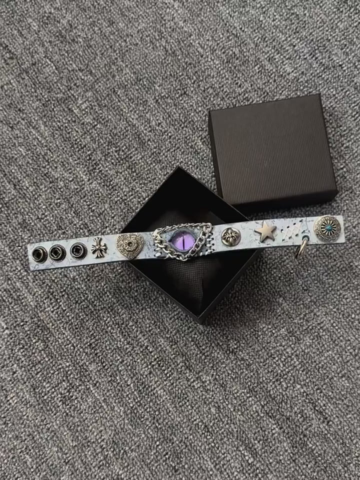 Celestial Ice Blue Leather Bracelet - Purple Dragon Eye Cuff - Star Studded Fantasy Wristband - Galaxy Aesthetic