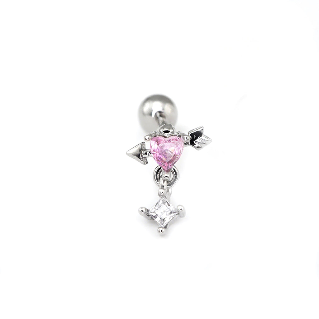 20G Arrow Through Pink Heart CZ Dangle Ear Studs