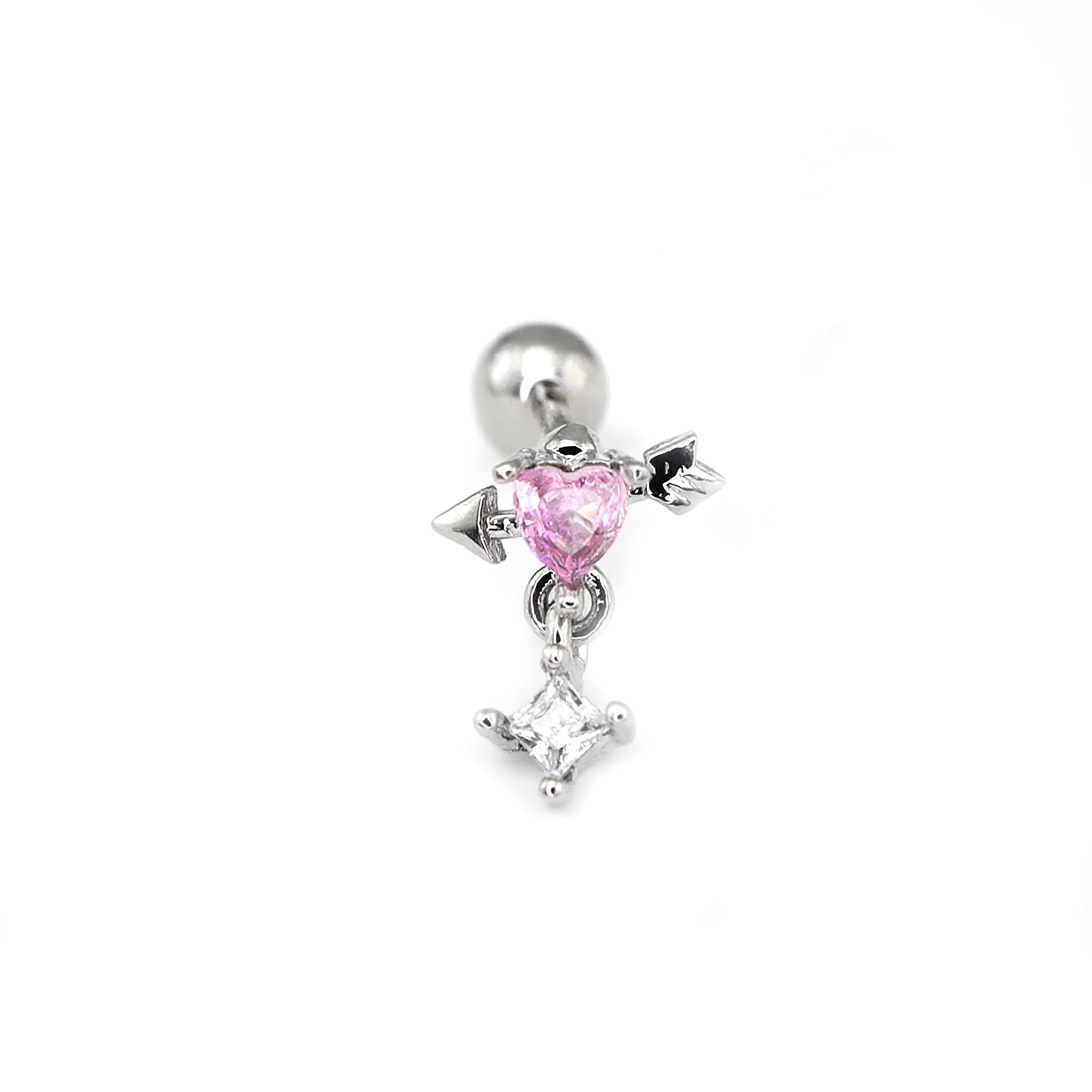 20G Arrow Through Pink Heart CZ Dangle Ear Studs